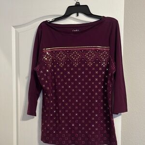 Crown & Ivy Red Sequin Bateau Neck 3/4 Sleeve Blouse